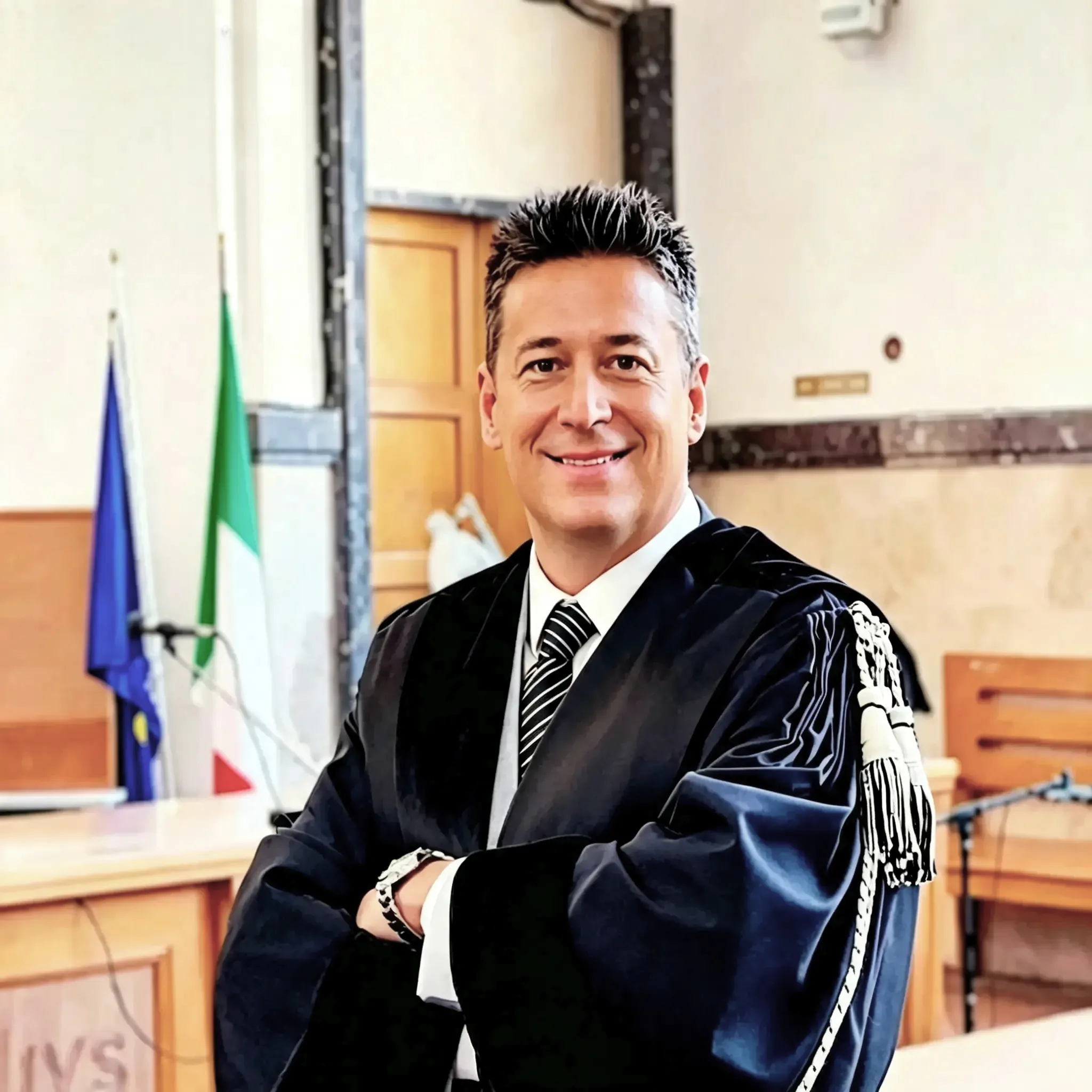 Avvocato Tiziano Pallozzi in toga professionale all'interno del Tribunale di Bolzano