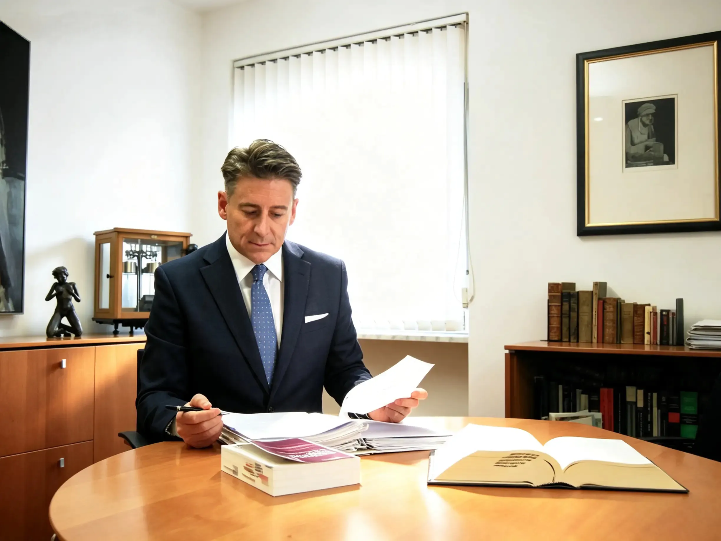 Avvocato Tiziano Pallozzi seduto alla scrivania del suo studio legale a Bolzano mentre esamina dei fascicoli