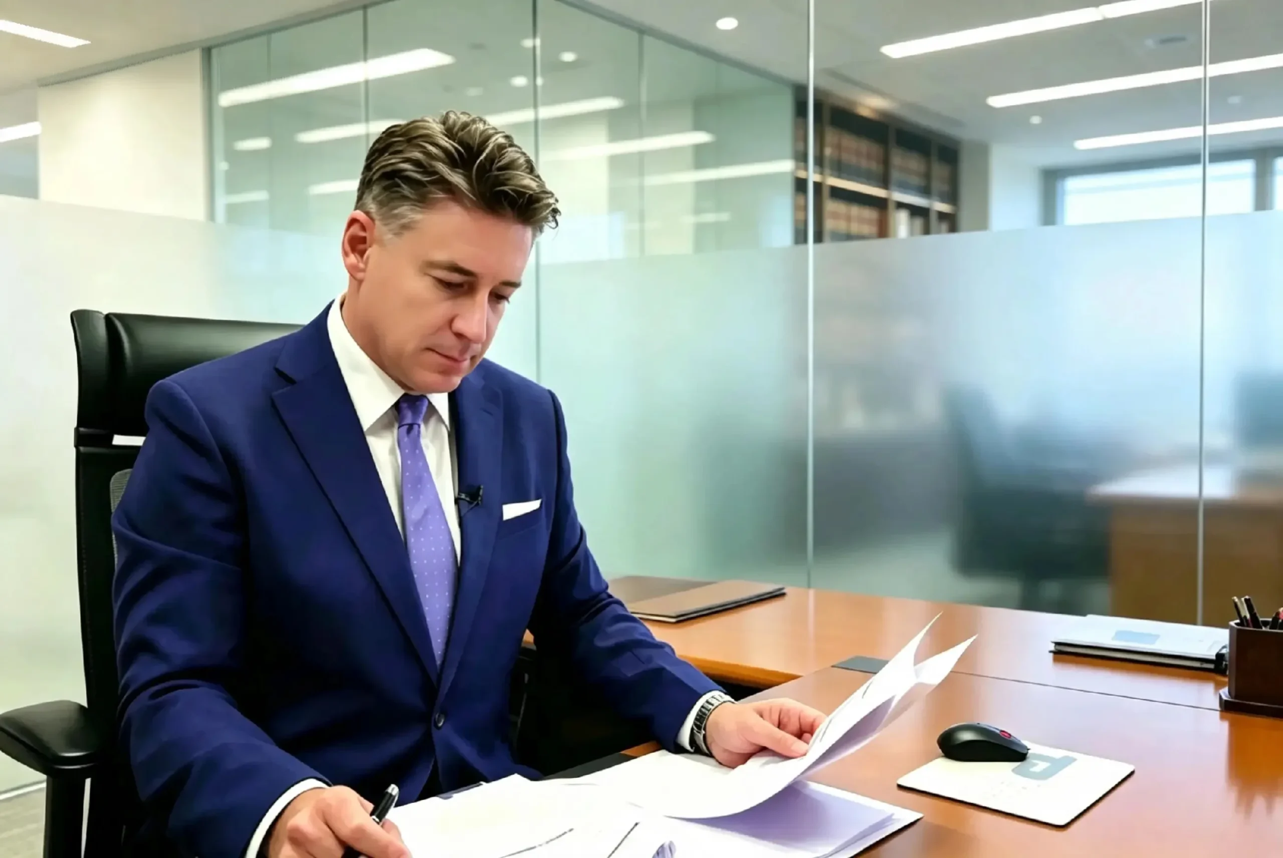 Avvocato Tiziano Pallozzi nel suo studio legale a Bolzano mentre consulta delle pratiche